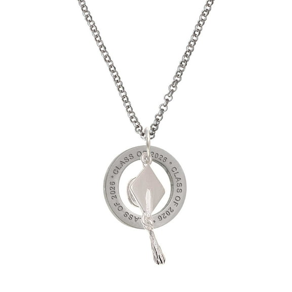 Delight Jewelry Silver-tone 3-D Graduation Hat - Class of 2026 Affirmation Ring Necklace, 23"