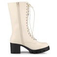 thumbnail image 3 of BLISSFUL STEP Women's Lace Up Platform Block Heel Mid Calf Combat Boots Beige 9.5, 3 of 7