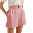 thumbnail image 3 of Shorts for Women 2026 Summer Cotton Linen Elastic High Waist Wide Straight Leg Roll Up Casual Shorts with Pockets, 3 of 8