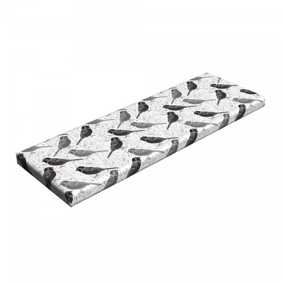 Birds Bench Pad, Silhouette of Damask Patterned Northern Mockingbirds on Fluctuating Leaves, HR Foam Cushion with Decorative Fabric Cover, 45" x 15" x 2", Grey Black White, by Ambesonne