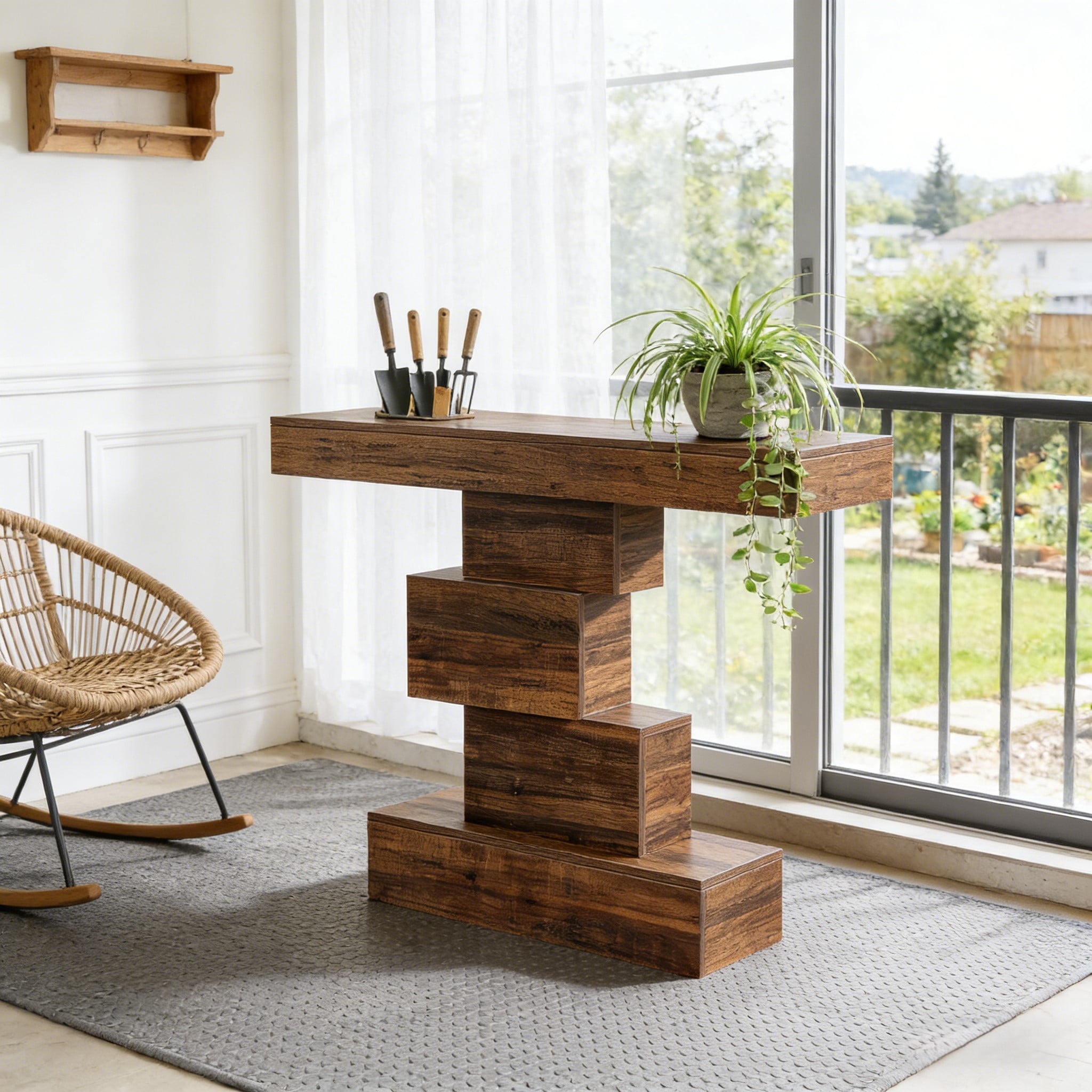 Fnova 42.5" Farmhouse Console Table, Wood Sofa Table with Geometric Storage, Narrow Accent Table for Living Room, Entryway, Hallway