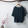 thumbnail image 4 of Blusa de lino de algodón de verano vintage para mujer de color sólido con cuello en O media man CACAGOO Blusa de lino de algodón, 4 of 7