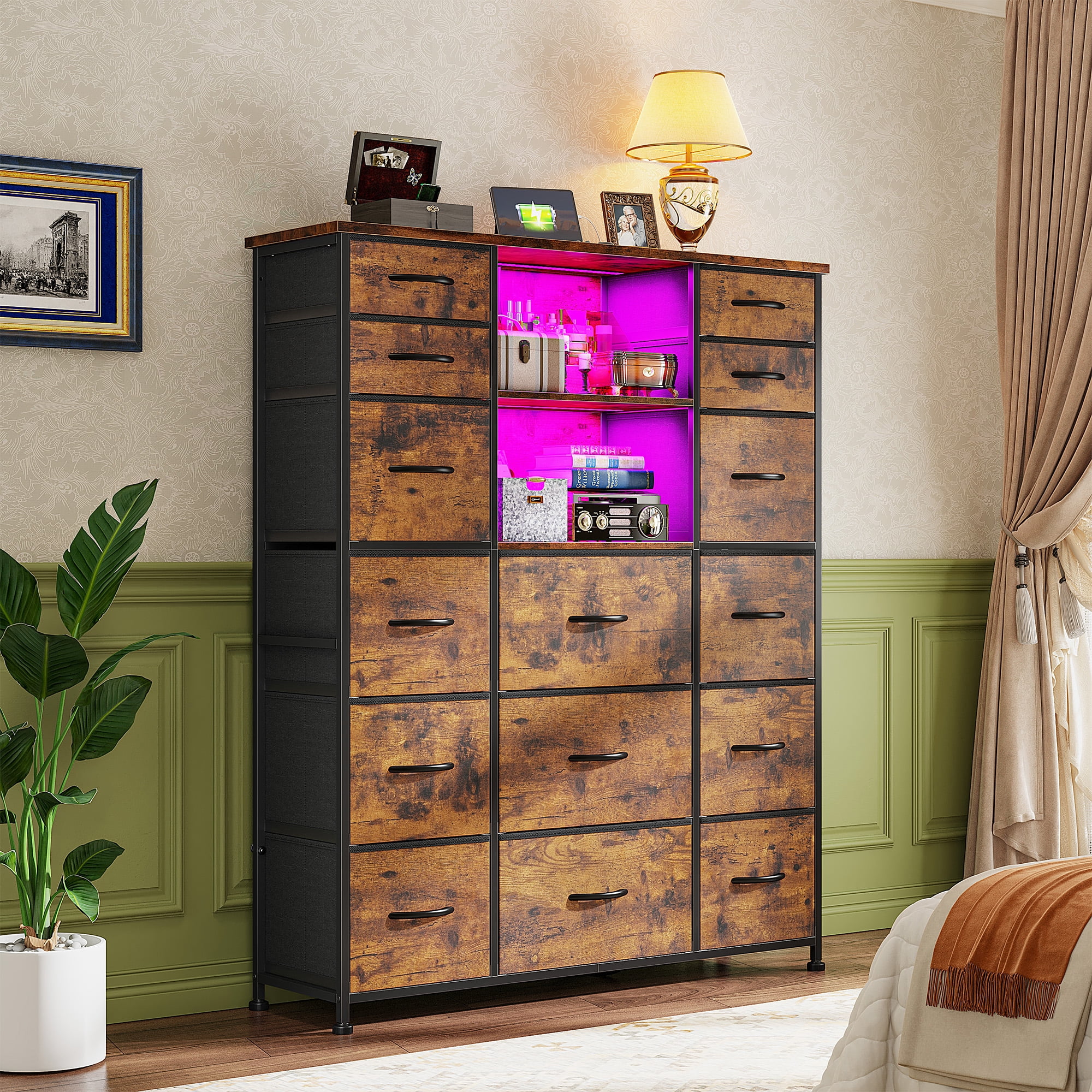 Romorgniz 51" H Dresser with 15 Fabric Drawers Tall Dresser for Bedroom with Charging Station & LED Lights, Rustic Brown