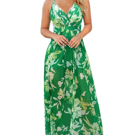 

Women Spaghetti Strap V-Neck Backless Maxi Dress Boho Leaves Floral Sundress