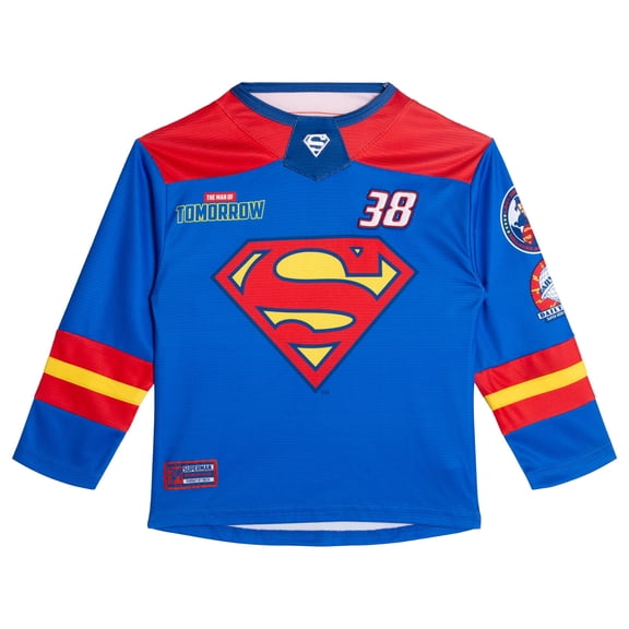DC Comics Justice League Superman Mesh Hockey Jersey Long Sleeve T-Shirt Toddler to Big Kid