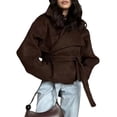 thumbnail image 2 of Female Wool Blend Pea Coat Lapel Double Breasted Winter Loose Short Button Belt Outerwear Jacket Brown S, 2 of 6