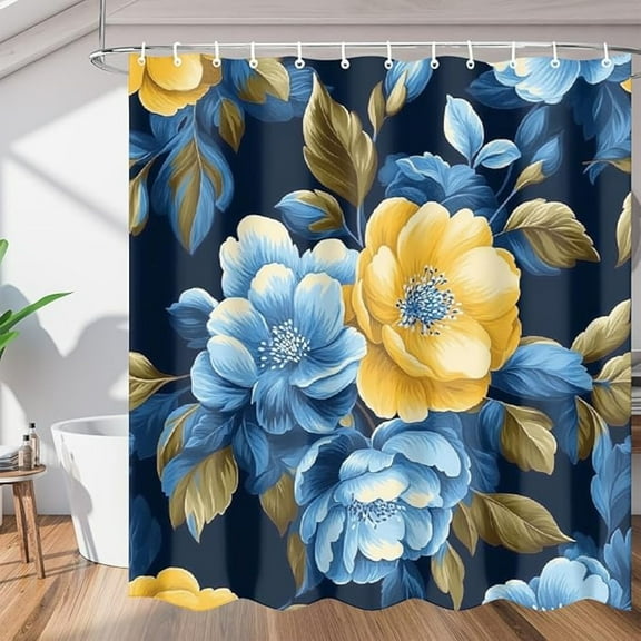 Shower Curtain Set, Blue Yellow Flowers Shower Curtain For Bathroom Decor, Waterproof Fabric Bath Curtain With Grommets And Hooks 48"W x 72"L