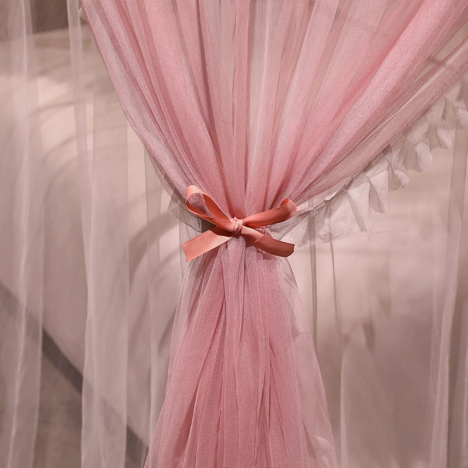 4 Corners Post Ruffle Princess Bed Canopy Curtain-Double Layer Cozy Drape Netting 4 Opening Mosquito Net for Girls Adults Bedroom Decoration (Pink/Whtie,78" W*86" L*82"*H/King)