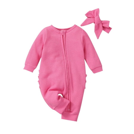 

ZHUASHUM Toddler Children Kids Baby Girls Solid Long Sleeve Patchwork Romper Jumpsuit With Headbands Outfit Set Clothes 2PCS