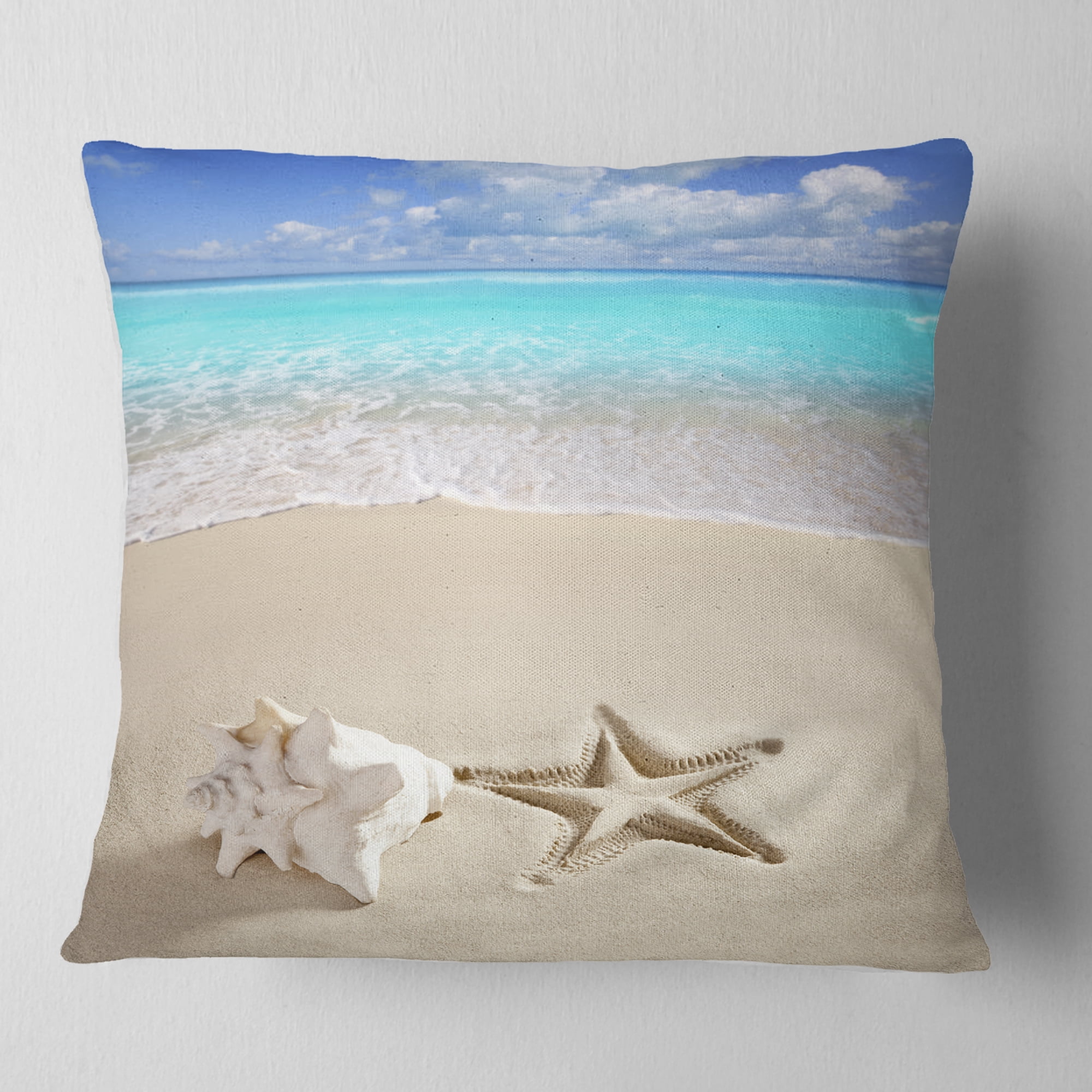 Designart Caribbean Beach Starfish - Beach Photography Throw Pillow - 16x16