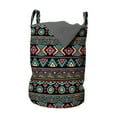 thumbnail image 1 of Vintage Laundry Bag, Eastern Style Doodles Native Tribe Art Folk Oriental Art, Hamper Basket with Handles Drawstring Closure for Laundromats, 13" x 19", Dark Coral Aqua Yellow, by Ambesonne, 1 of 4