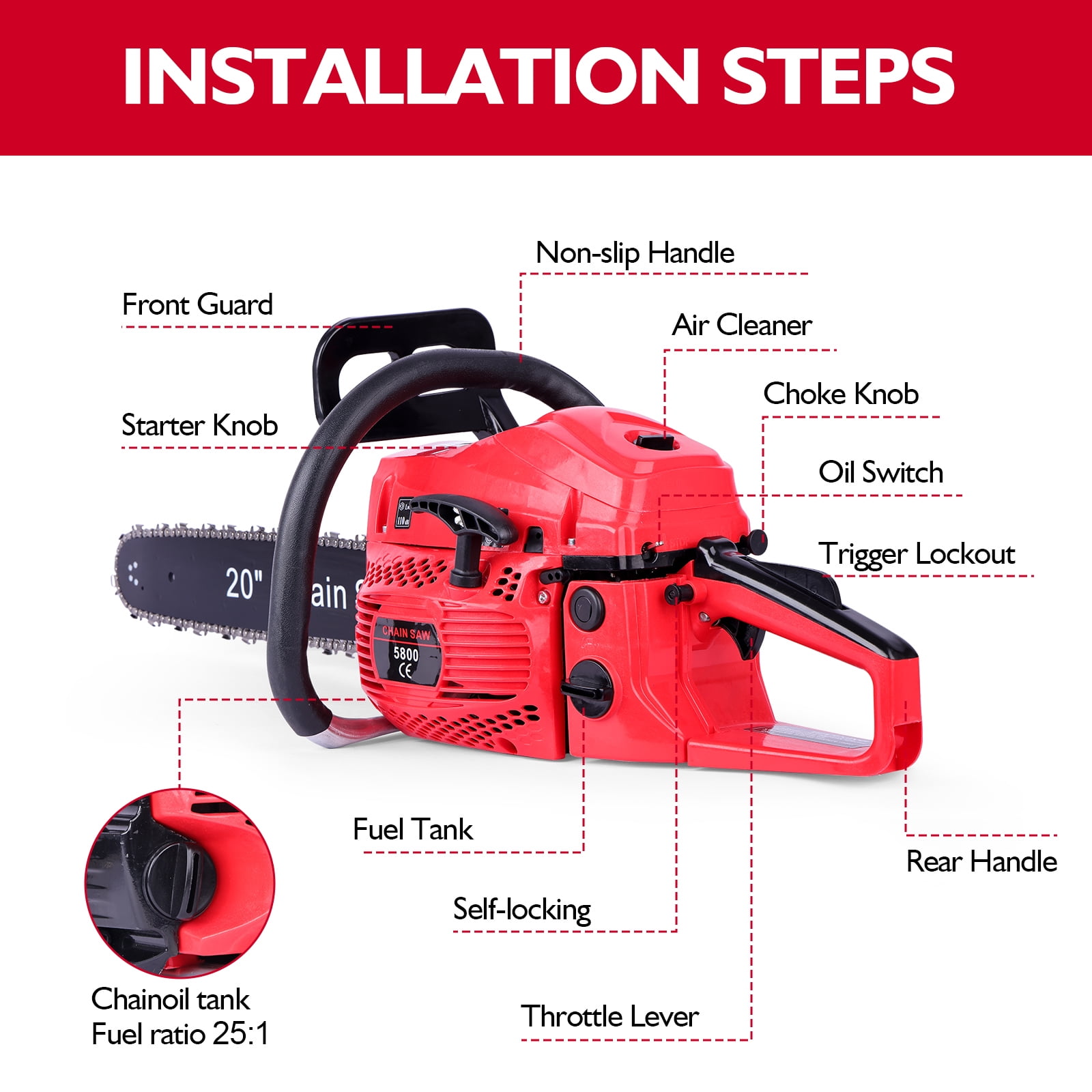 Two-Stroke 58CC Chain Saw, 20 Inches, 2200W, Chain Saw Set, Complete Accessories Ready For Use, Two-Hole Heat Dissipation, Soft Leather Handle, Safety Brake, Efficient Felling Saw