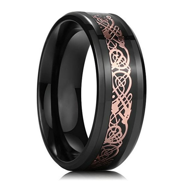Wedding Ring For Men or Women 8mm Black Tungsten Band Rose Gold Celtic Knot