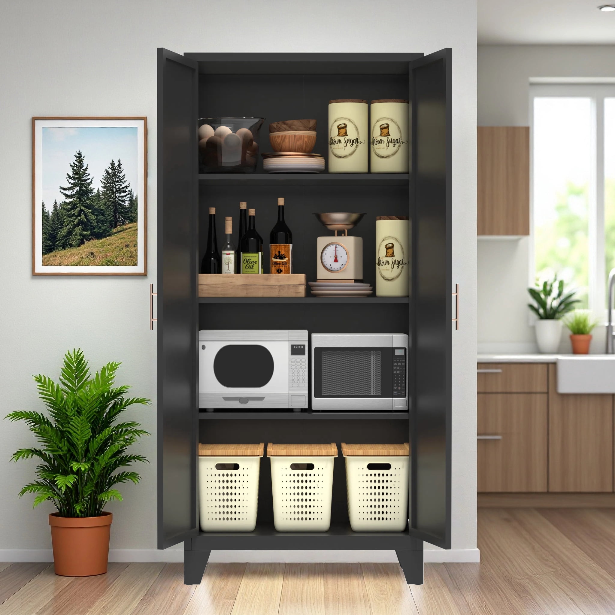 avobird 61'' 2 Shapely Doors Cabinet, Metal Storage Cabinet with Doors and Adjustable Shelves, for Bedroom, Living Room, Kitchen, Black