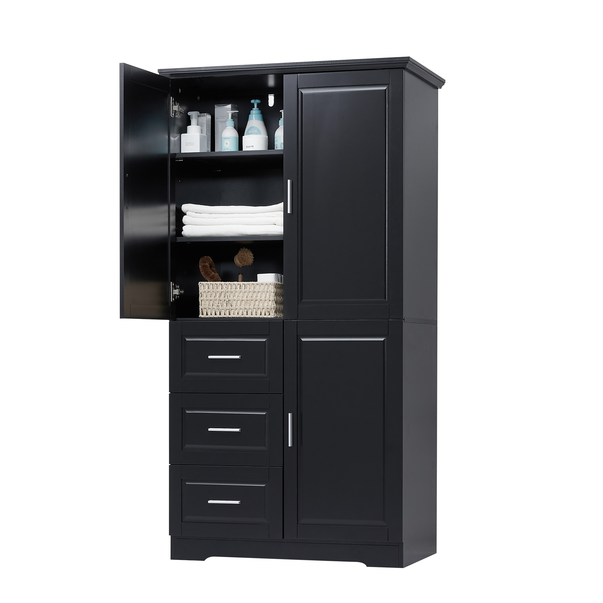 Euroco Tall Freestanding Storage Cabinet with 3 Drawers and Adjustable Shelf, Wide Linen Tower Cabinet with Doors, Waterproof Painted MDF, Anti-Tipping Kit