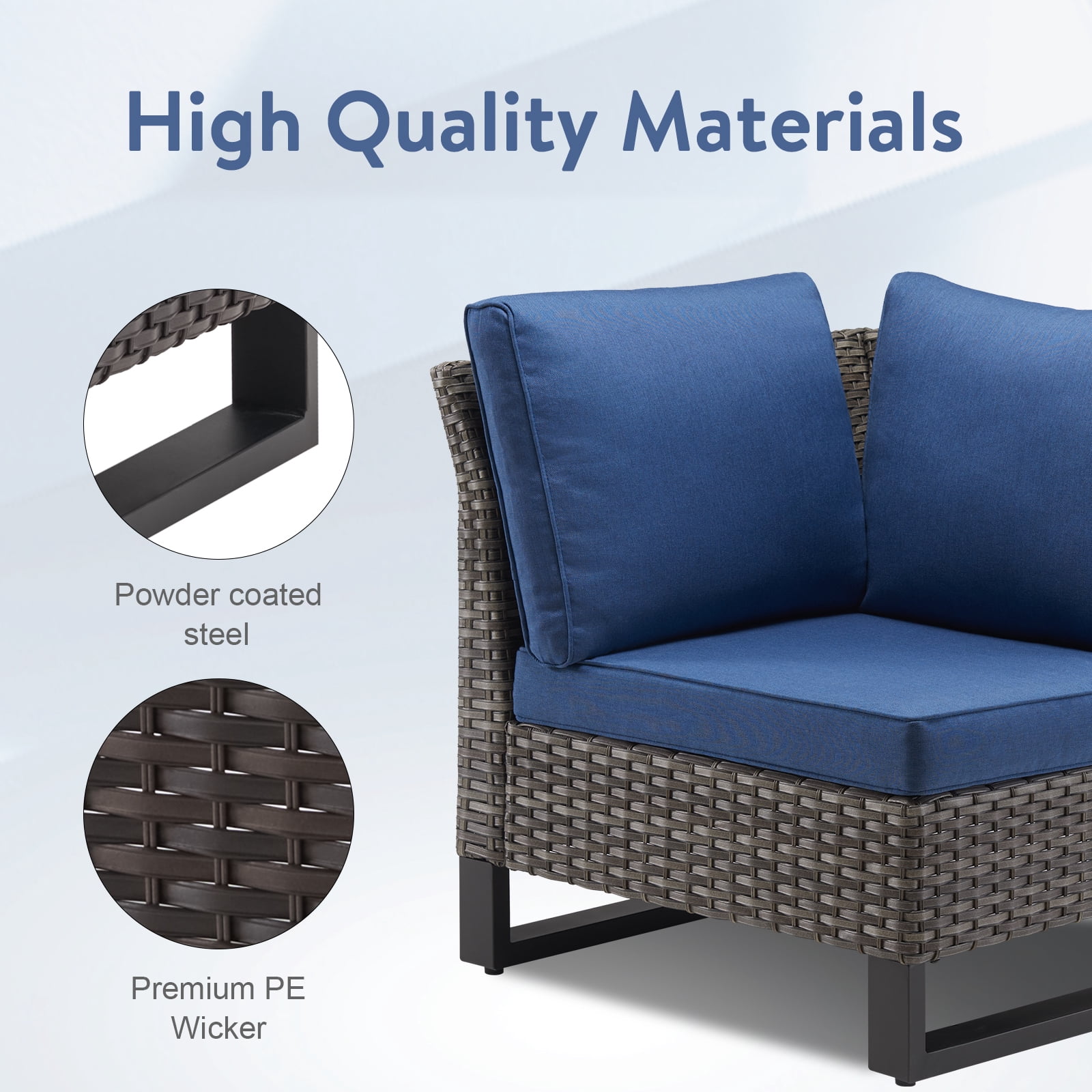 POCASSY Outdoor Furniture Set with Outdoor Sectional Sofa, 102 Inch Width Patio L Shape Sectional Sofa Brown Wicker Rattan Couch for Porch Deck Backyard, Brown/Blue