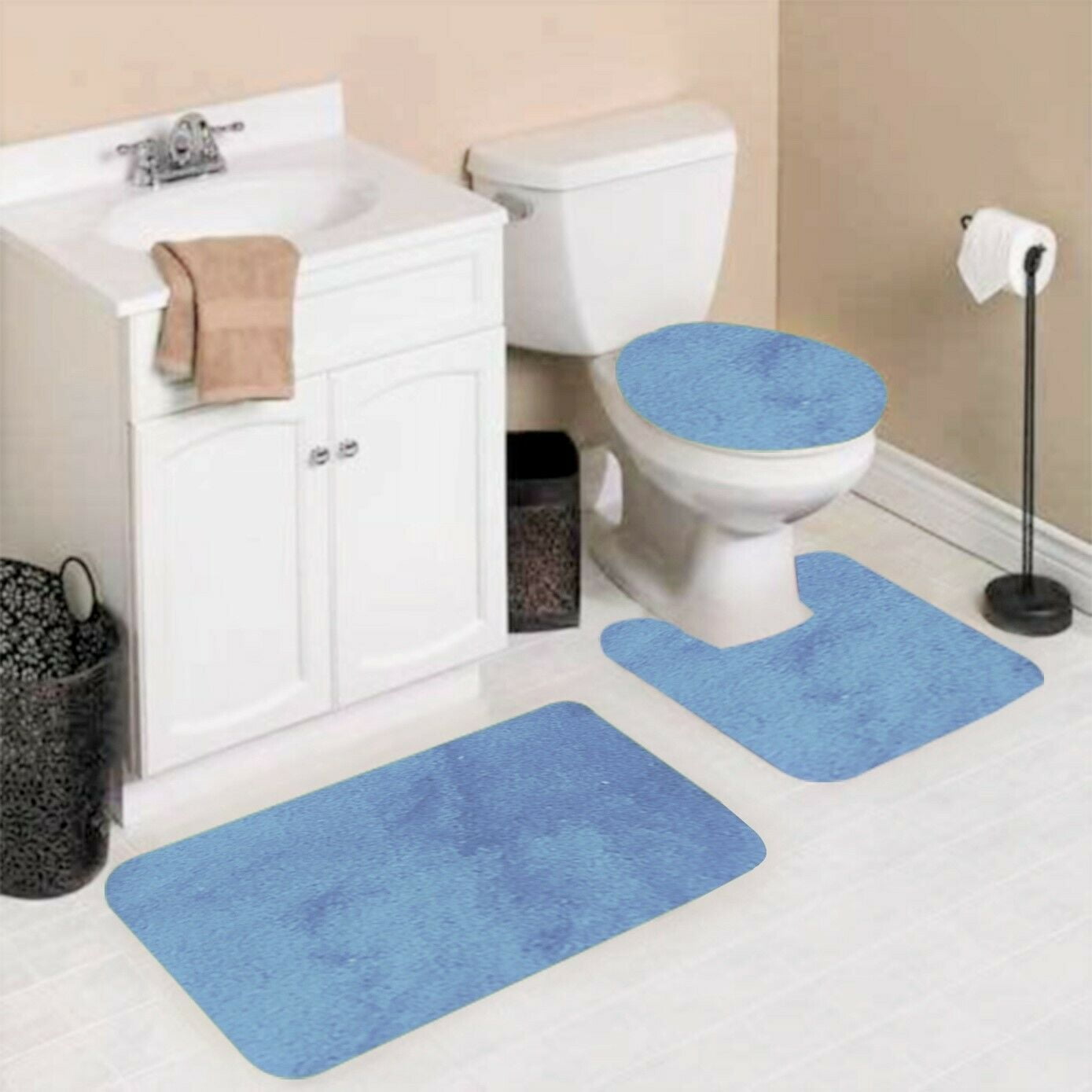 Complete Bath Mat Rug Set Light Blue Color #6 Non Slip Super Soft Shaggy Chenille 7 piece 1 Mat,1 Contour Mat,1 Lid Cover Plus 4pc Ceramic Accessories
