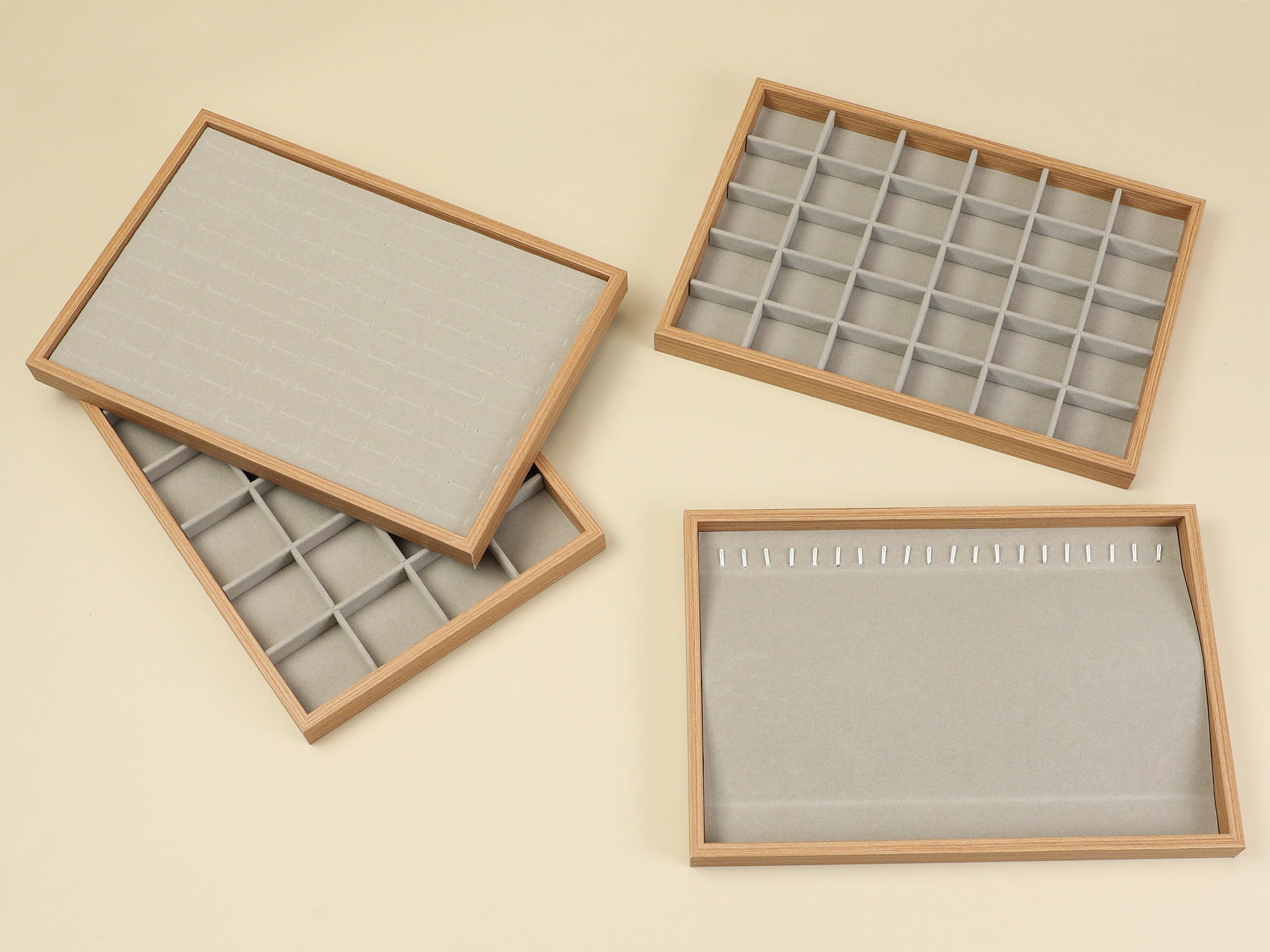 Unique Bargains Set of 2 Wood Jewelry Trays for Drawers Stackable Girls' Jewelry Organizer Light Brown-24 Grid Tray