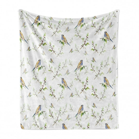 Animals Soft Flannel Fleece Blanket, Spring Theme Birds Settled on Branches Leafs and Sparrows Peacful Garden, Cozy Plush for Indoor and Outdoor Use, 70" x 90", White and Olive Green, by Ambesonne