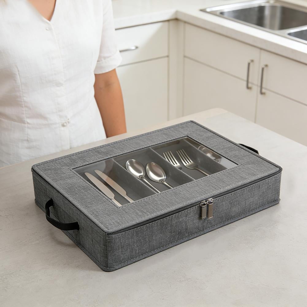 Large Capacity Silverware Storage Box – Linen-Like Utensil Organizer with Removable Lid & Adjustable Dividers, Foldable Portable Cutlery Holder for Knives Forks Spoons, Kitchen Pantry Camping Storage