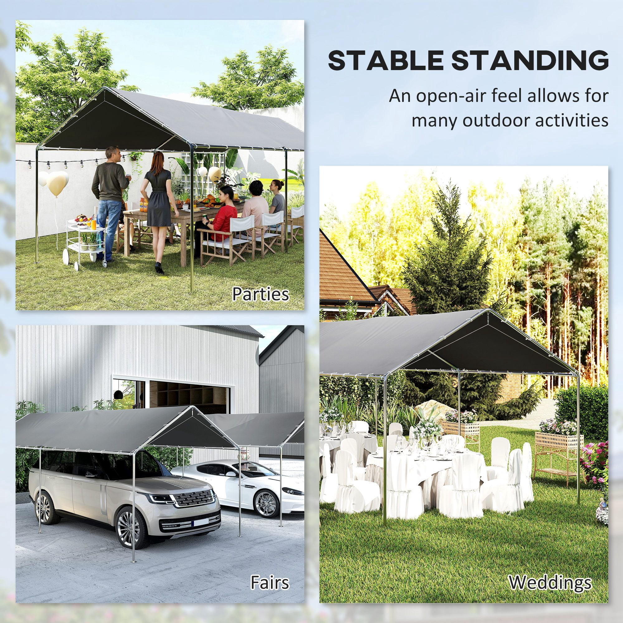 Outsunny 9.6' x 19.5' Carport Canopy, Heavy Duty Galvanized Steel Frame with PE Cloth, Weather Protection for Small to Medium Vehicles, Grey Outdoor Car Tent with Anchor Kit