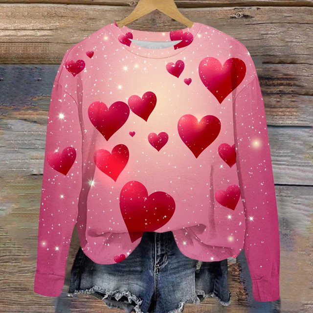 Jsaierl Chandails en Molleton pour Femmes Saint-Valentin Mignons Imprimé Cœur Chandails en Molleton Tendance Chandail Col Rond Décontracté Manches Longues pour Femmes