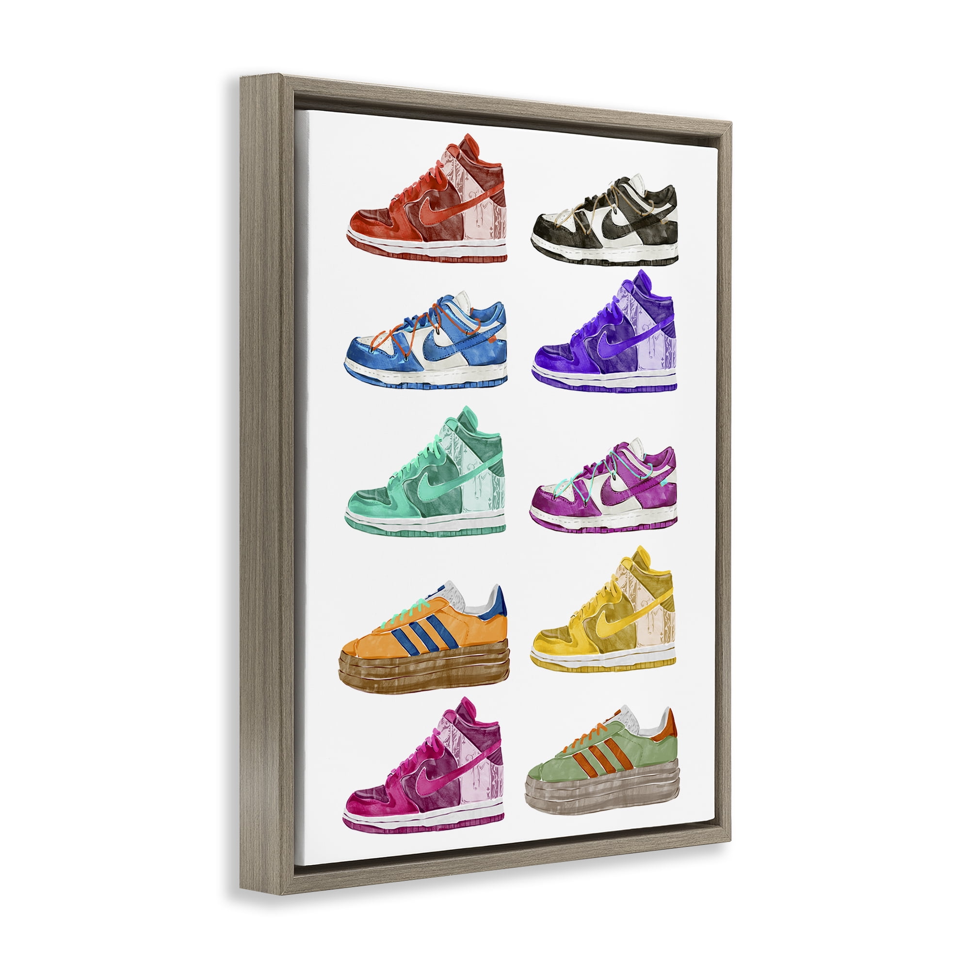 Stupell Industries Fashion Sneakers Assortment Fashion Painting Brown Floater Framed Canvas Art Print Wall Art, 17 x 21