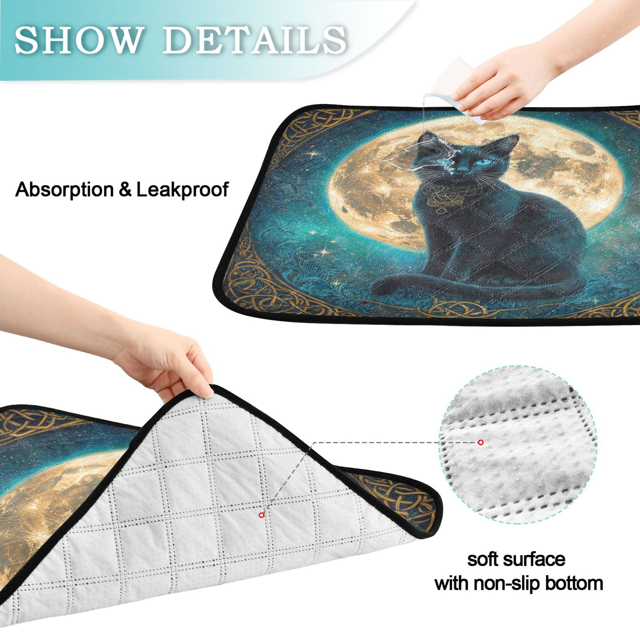 Qxltty Black Cat with Full Moon Cat litter Pads Pet Set of 3 Diaper Mats Center Anti-leakage Layer Absorbent Soft and Comfortable
