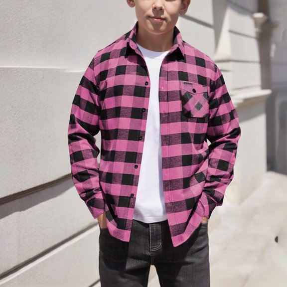 Trikvn Boys Classic Plaid Flannel Shirt Long Sleeve Button Down Collared Casual Tops Lightweight Shacket for Kids School Everyday Fall Outfits Comfortable Outerwear