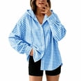 thumbnail image 5 of ClodeEU Women's Hooded Plaid Button Down Long Sleeve Shirt ,Casual Loose Blouses Jackets Blue-Plaid,Women's Plus M, 5 of 6