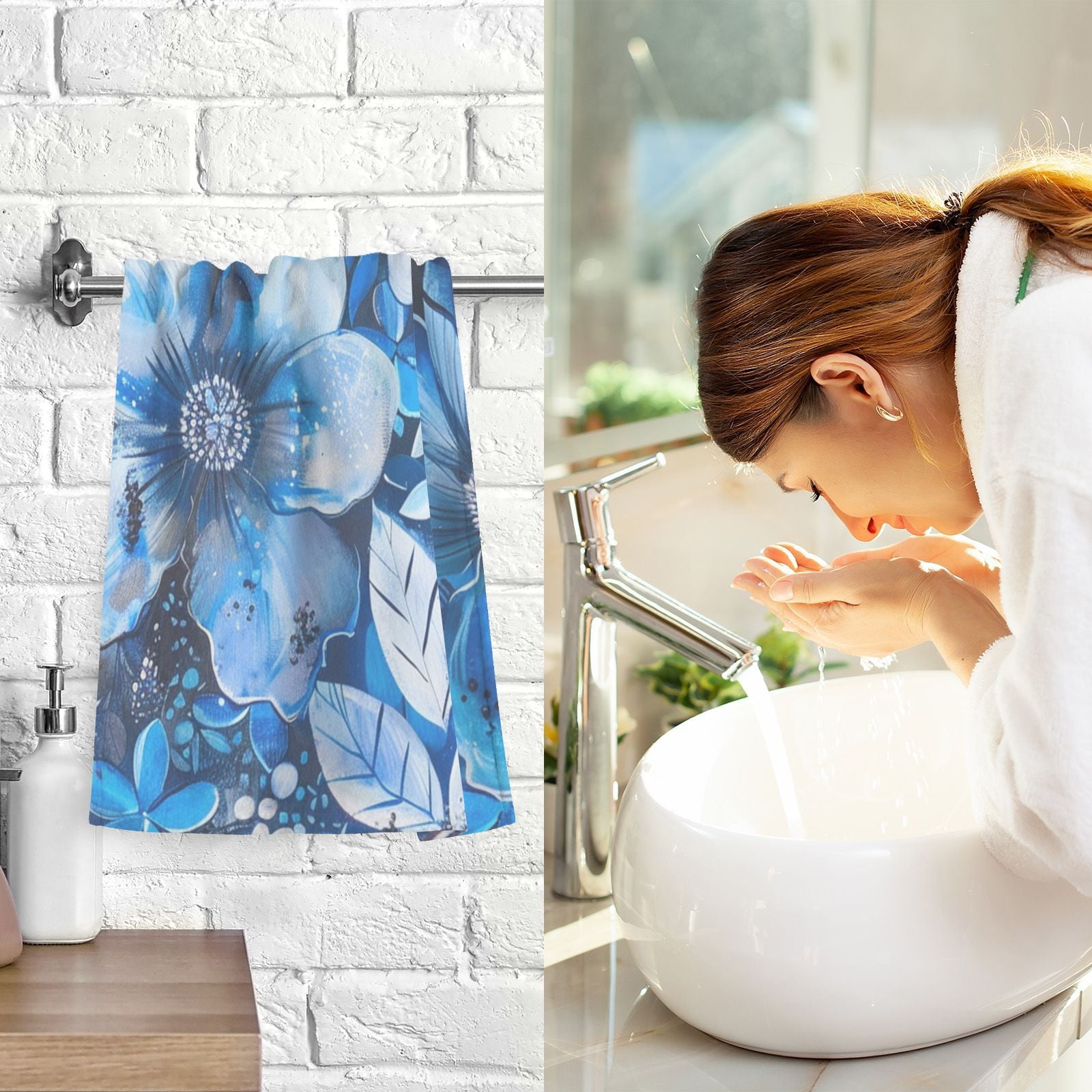 Blue Floral Flowers Hand Towels Cotton Bath Towels Large Face Towels Absorbent for Bathroom 2 Packs