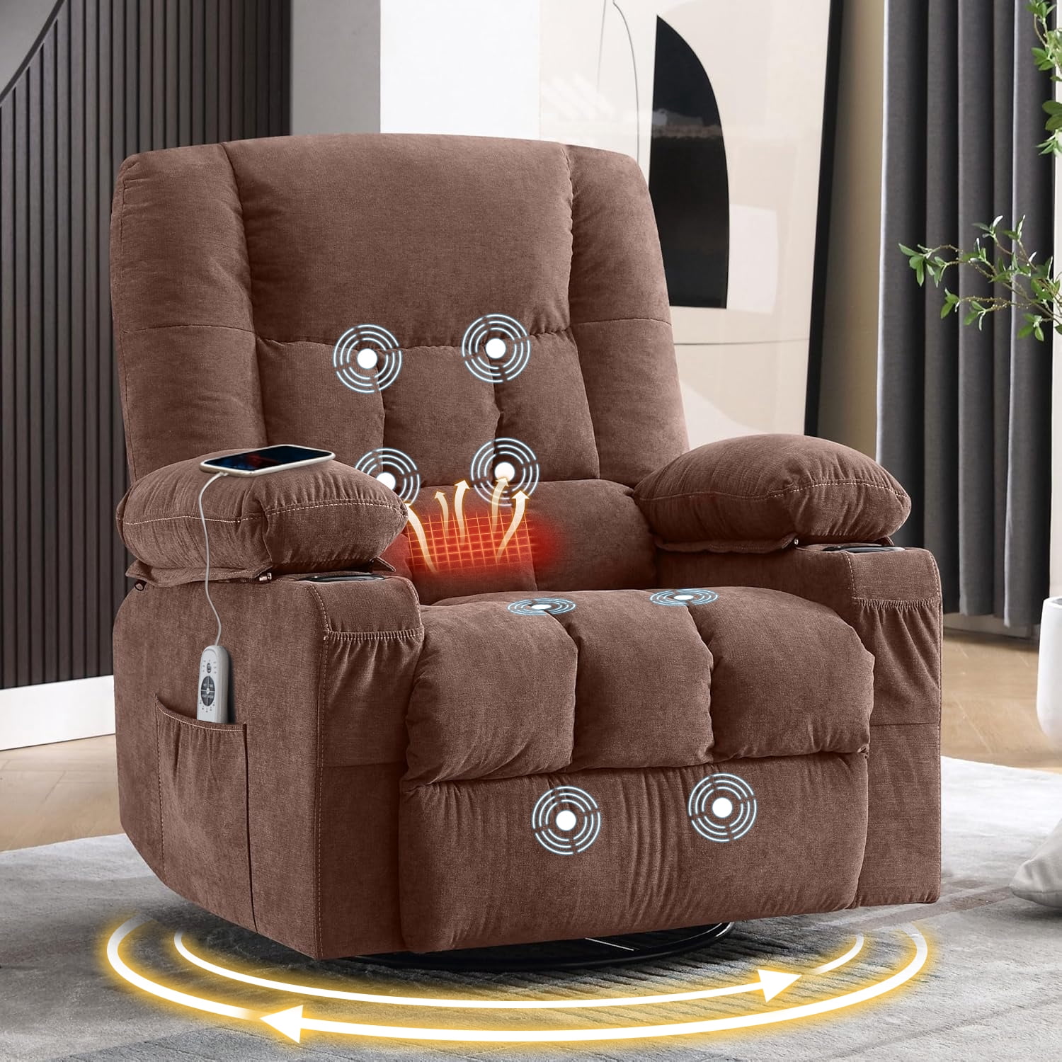 Oversized Massage Recliner Chair for Elderly,Modern Living Room Electric Rocking & Reclining Chairs with with Heat, 8-Point Vibration,USB Charger and Cup Holders, Plush Velvet Single Sofa, Brown