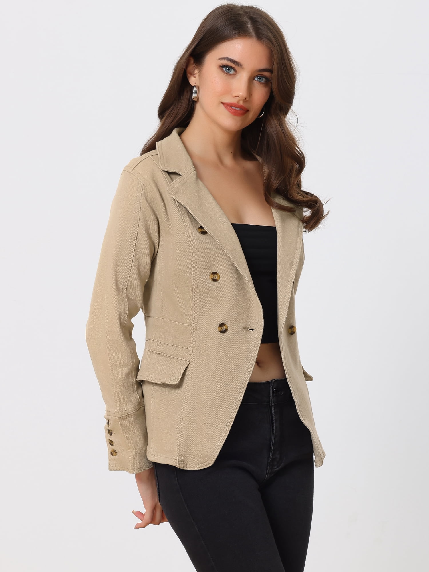 DARING DIVA Women's Lapel Jeans Blazer Denim Jacket W Pockets S Khaki