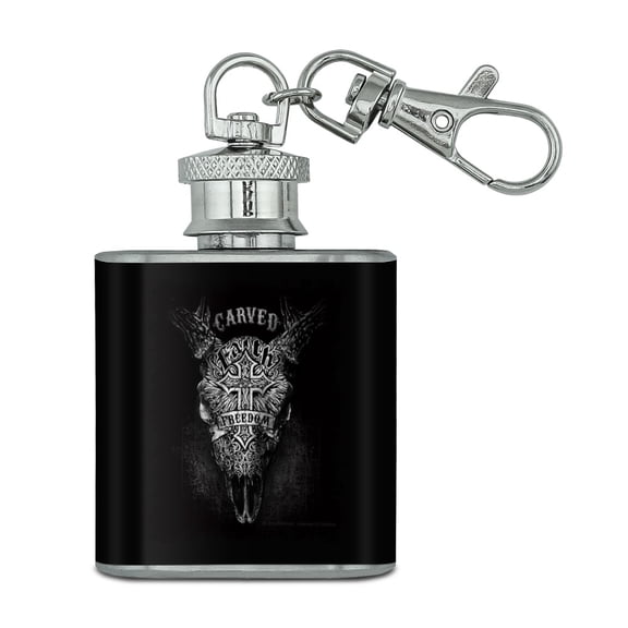 Carved Faith Freedom Religion Steer Skull Stainless Steel 1oz Mini Flask Key Chain