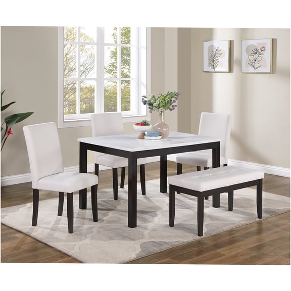 JERFIT 5-Piece Dining Set with Faux Marble Table, Upholstered Bench and Chairs for Kitchen and Dining Room, White