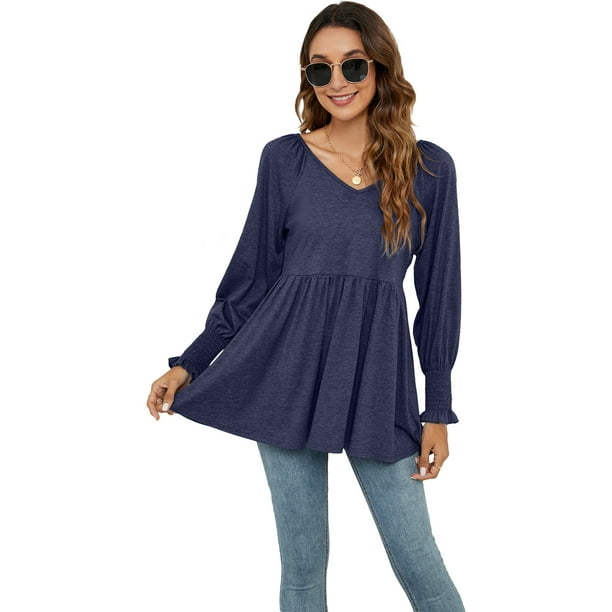Women's Casual Long Babydoll Tops V Pleated Peplum Tunic Top Puff Tiered Shirts Blouse - Walmart.com