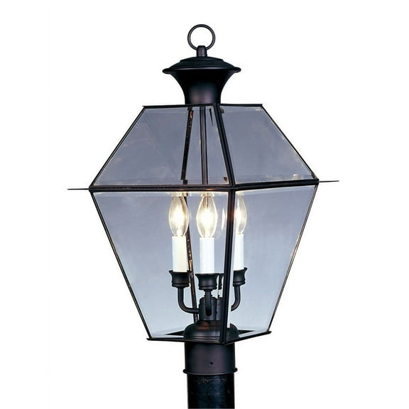 12 inch 3 Light Black Outdoor Post Lantern Pendant Lighting Fixture with Clear Beveled Glass Shade backed with Hand Crafted Solid Brass material for patio, front porch, entryway and more