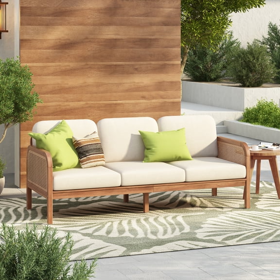 Christopher Knight Home 77.6" Scandinavian Outdoor Acacia Wood Wicker 3-Seater Sofa, Beige Cushion