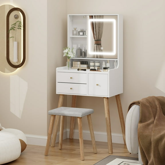 FULLWATT Vanity Desk Set With Square Mirror And Light, Small Vanity Table With Drawers