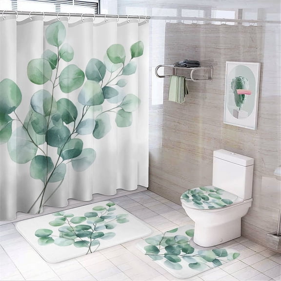 Shower Curtain Sets 4 Piece Watercolor Eucalyptus Leaves with Rugs Toilet Lid Cover and Bath Mat Spring Sage Green Leaf Bathroom Decor Set with Accessories for Bathroom Decor 72inch X 72inch