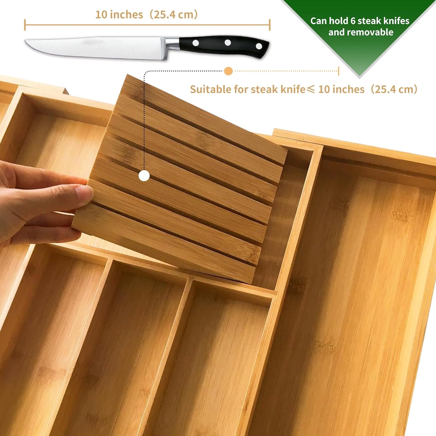Bamboo Silverware Drawer Organizer Kitchen, Expandable Utensil Organizer with Knife Block, Cutlery Tray with Divider, Multifunctional Drawer Organizer