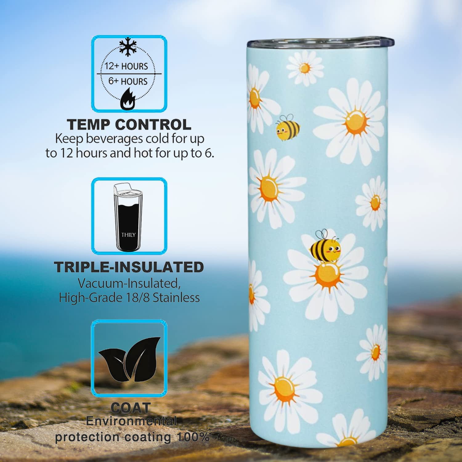 20oz Daisy Coffee Tumbler with Lid and Straw,Reusable Stainless Steel  Tumbler Cups Vacuum Insulated Travel Tumbler，mint Thermos Travel Coffee Mug  
