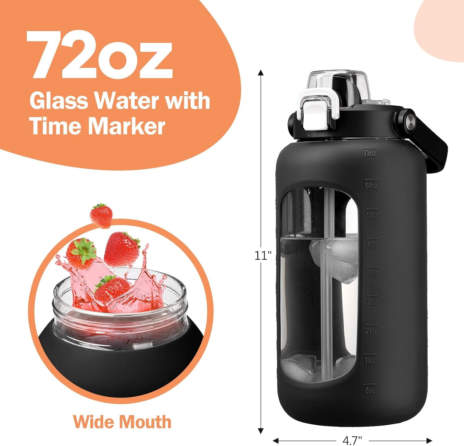 72oz Glass Water Bolttles, 3-in-1 Straw and Sip Spout Handle Lid, Half Gallon Water Bottle with Time Marker and Silicone Sleeve, BPA-Free Sports Water Bottle for Gym, School, Bright Pink