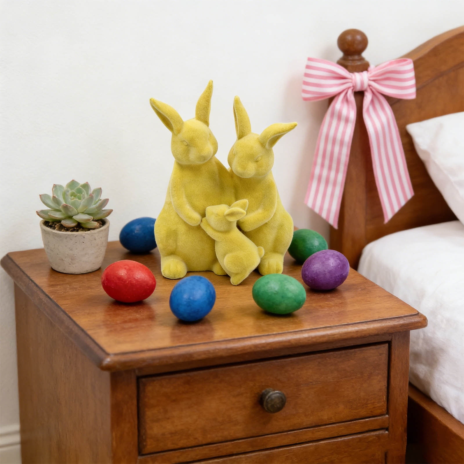 AZXY Minimalist Flocked Velveteen Easter Bunny Figurine, Blue and Yellow Spring Home Tabletop Decor, Festive Holiday Decoration