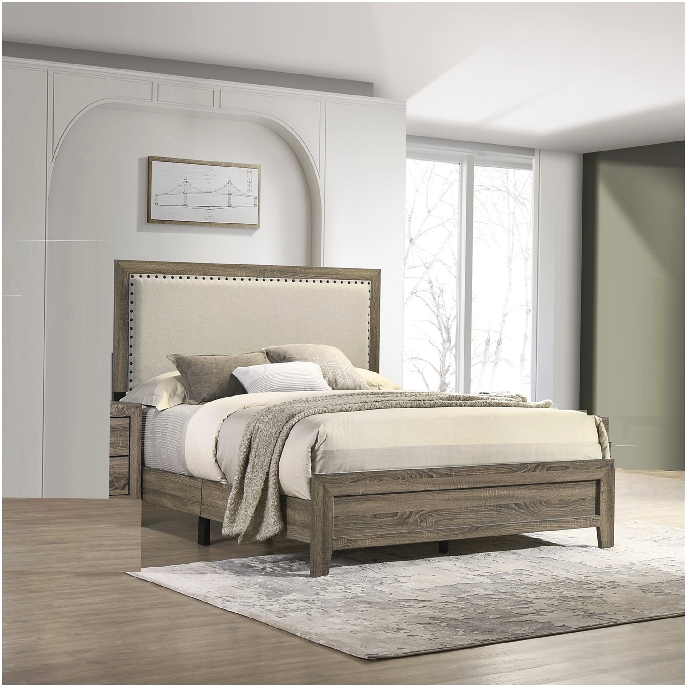 Modern Grey Upholstered Queen Bed, Platform Bed Frame with Button Tufted Headboard and Nailhead Accents
