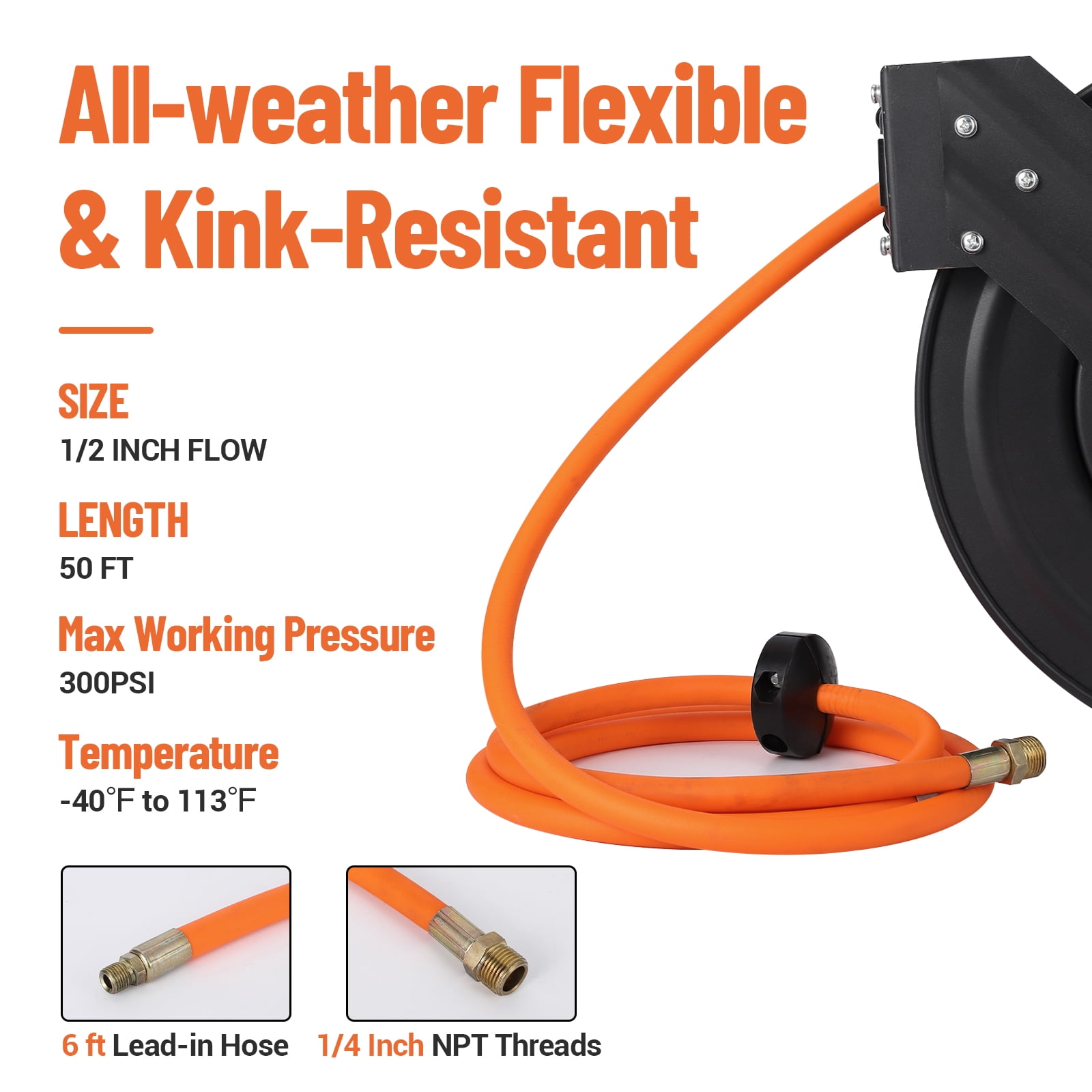 M optimized Retractable Air Hose Reel - Strong Hybrid Hose, Effortless Auto Rewind, 180° Mount Bracket, Durable Construction Ceiling/Wall Mount Heavy Duty Double Arm Steel Reel