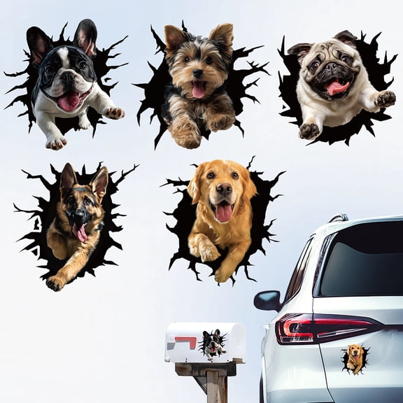 5Pcs Cute Dog Car Window Stickers Plastic 3D Broken Animal Dogs Decals Vinyl Cracked Window Animal Dogs Stickers for Vehicles SUV Wall Laptop