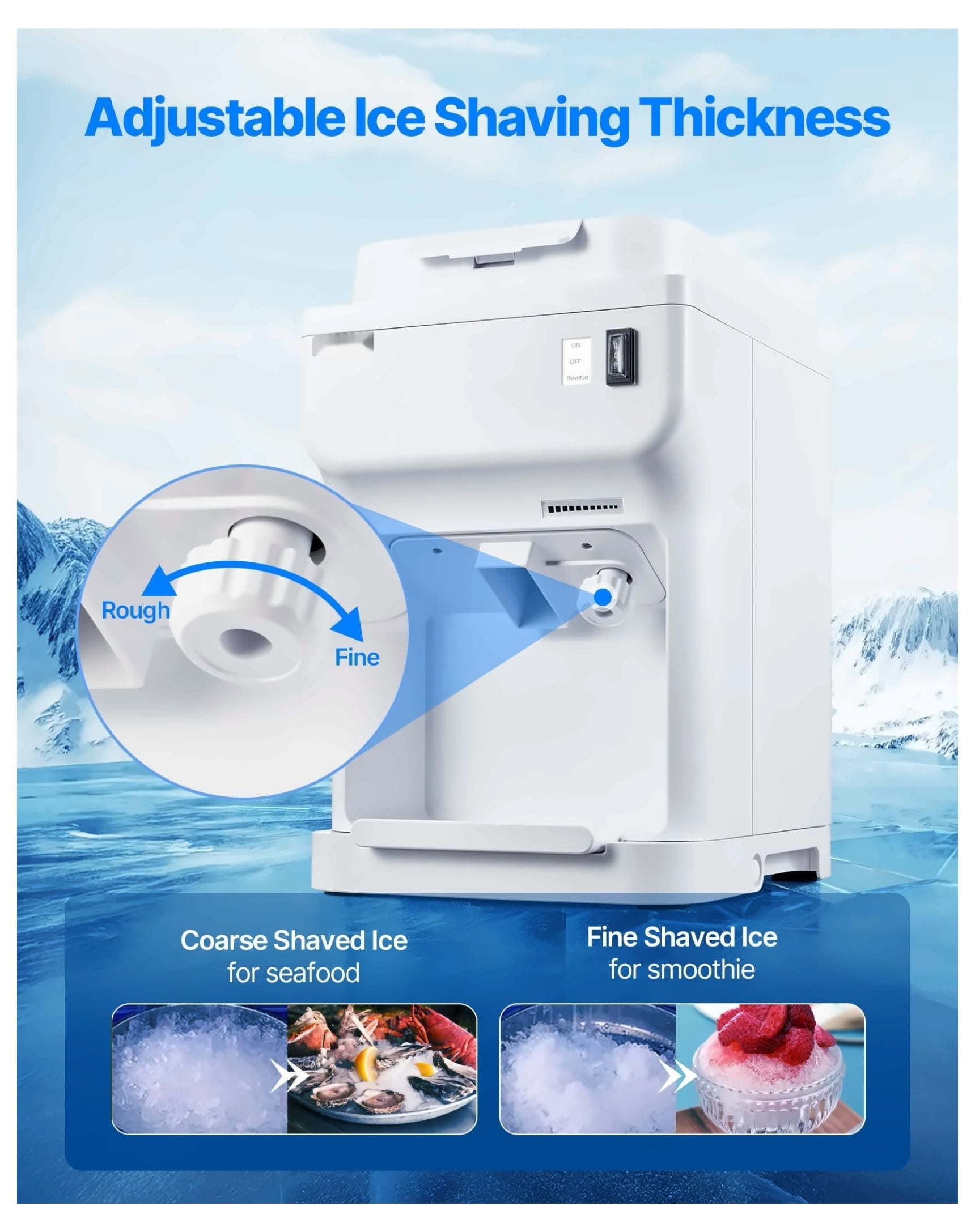 Commercial Snow Cone Maker - 220LBS/H Electric Ice Shaver Crusher - Adjustable Fineness - Large 4L Capacity - White