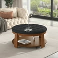 thumbnail image 3 of Modern Large Round Ottoman Coffee Table 2-Tier Oversized Button Tufted Ottoman with Wood Shelf Storage Upholstered Coffee Table for Living Room Footrest Ottoman with wheel, waterproof Linen, 3 of 50