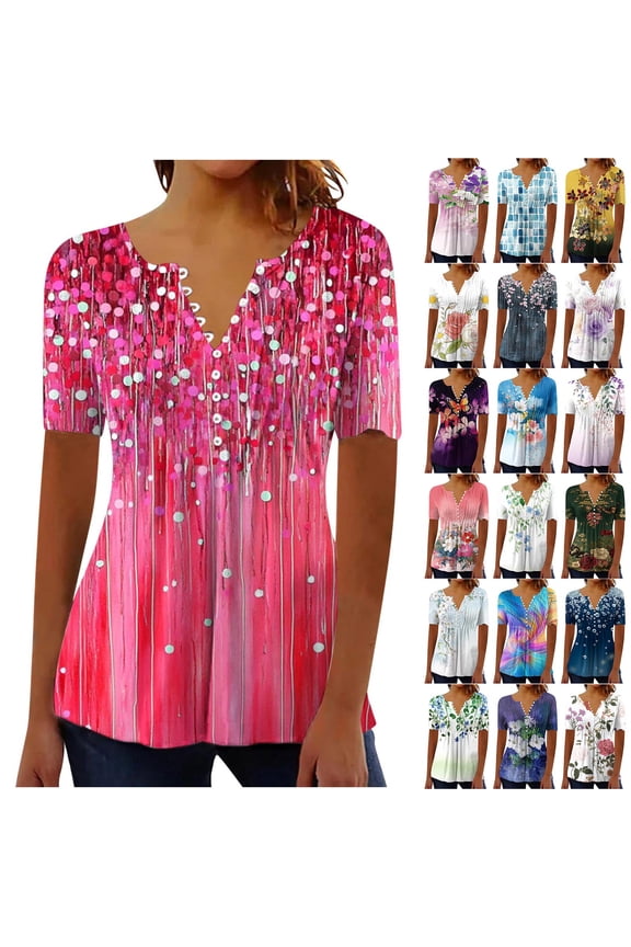 Womens Tops Hide Belly Shirts Summer Pleated Button V Neck T-Shirt Causal Empire Waist A-Line Floral Tunic Tops